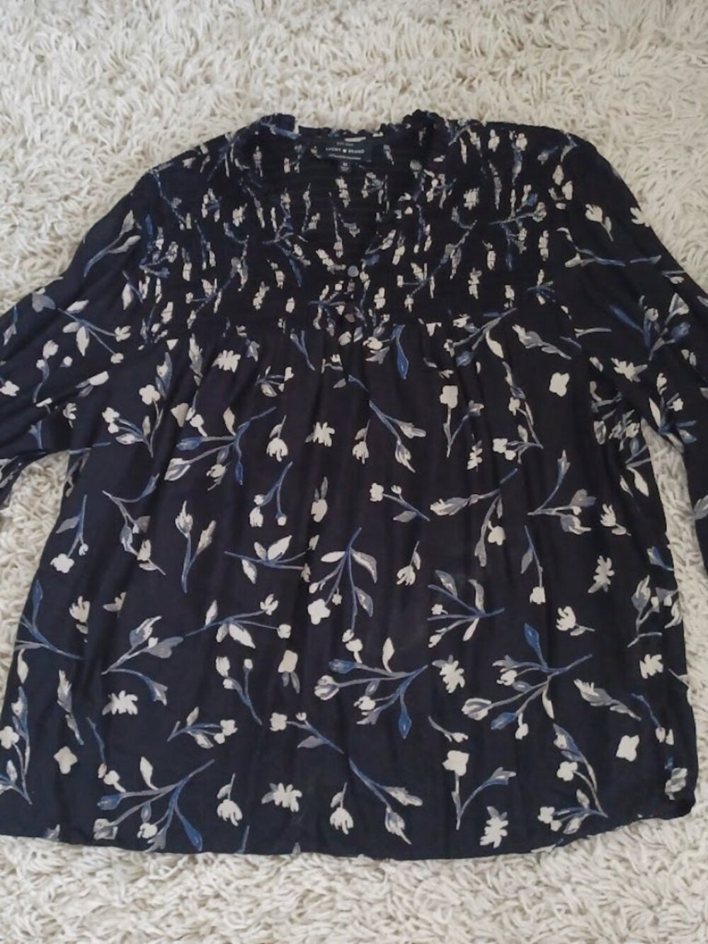 Lucky Brand Womens M Boho Blouse Floral Smocked Top Long Sleeve Viscose Navy